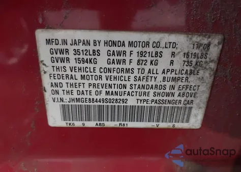 2009 Honda Fit Sport from USA, damaged, VIN JHMGE88449S028292